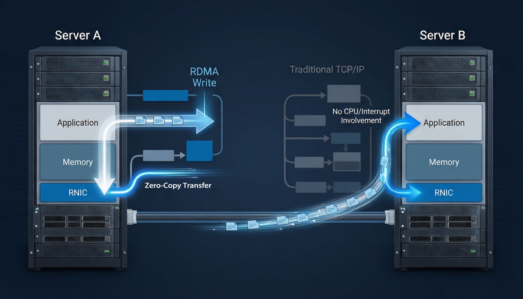 RDMA data flow showing zero-copy transfer and kernel bypass