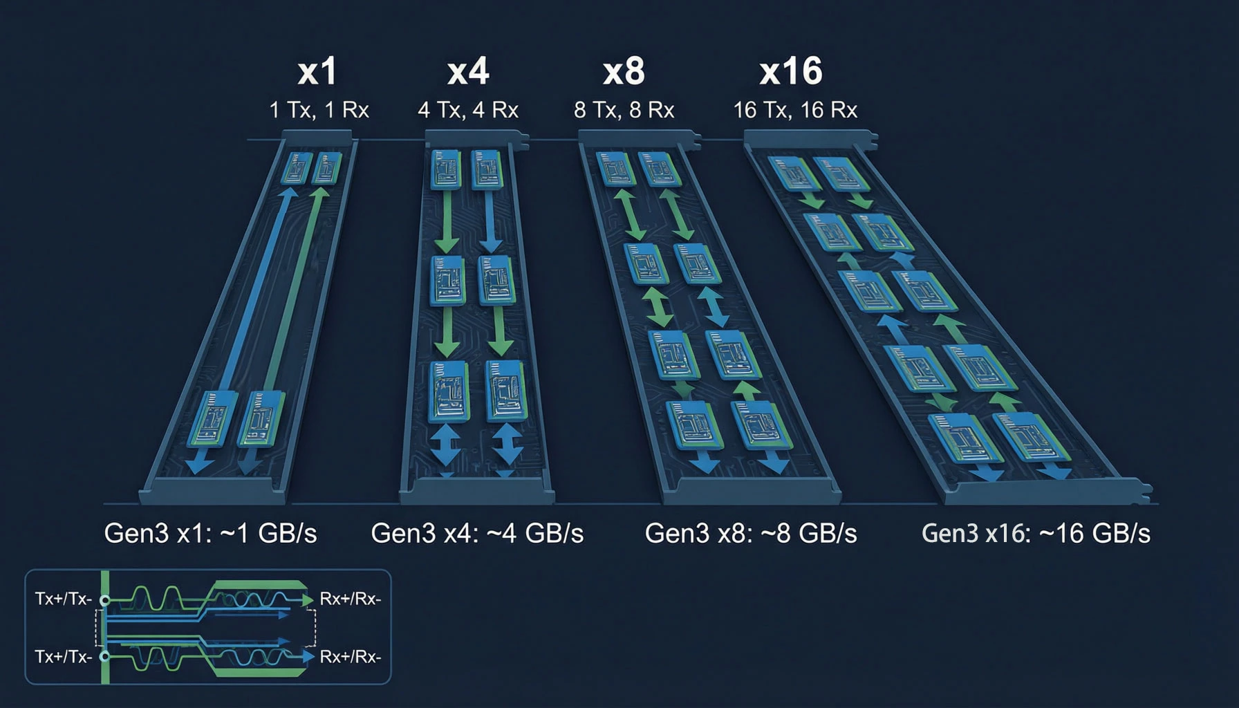 PCIe lane configurations x1 x4 x8 x16 with bandwidth PCIe lane configurations x1 x4 x8 x16 with bandwidth