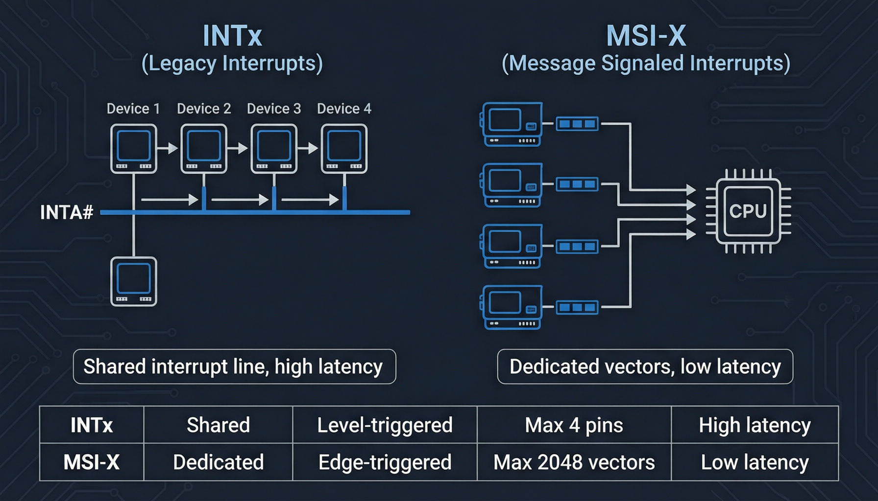 INTx vs MSI-X interrupt mechanism comparison