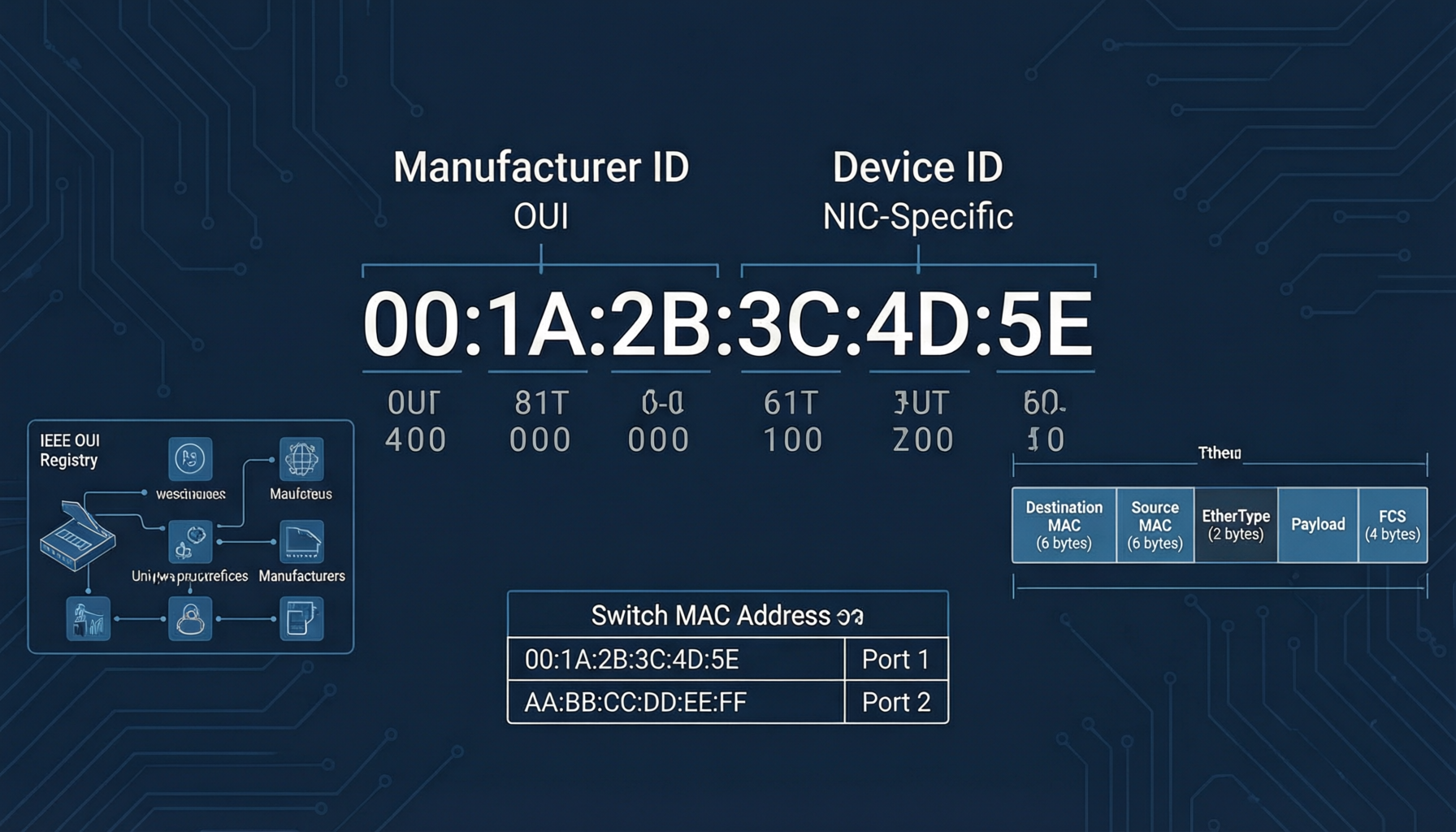 MAC address structure showing OUI and NIC-specific parts